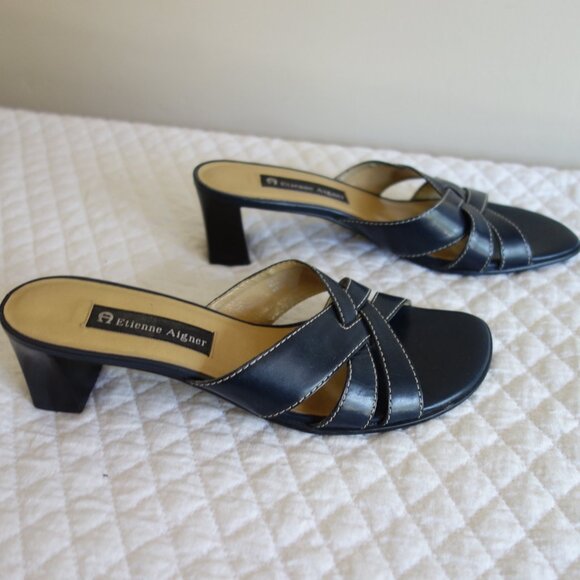 Vtg ETIENNE AIGNER Houston Black Leather Cross-Over Slides Sandals – Wmns 8M - Picture 2 of 7